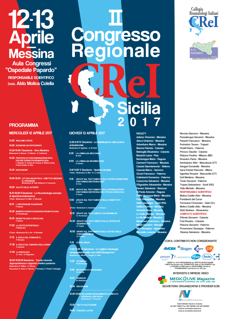 REUMATOLOGIA: A MESSINA 12 E 13 APRILE IL II° CONGRESSO REGIONALE DEL